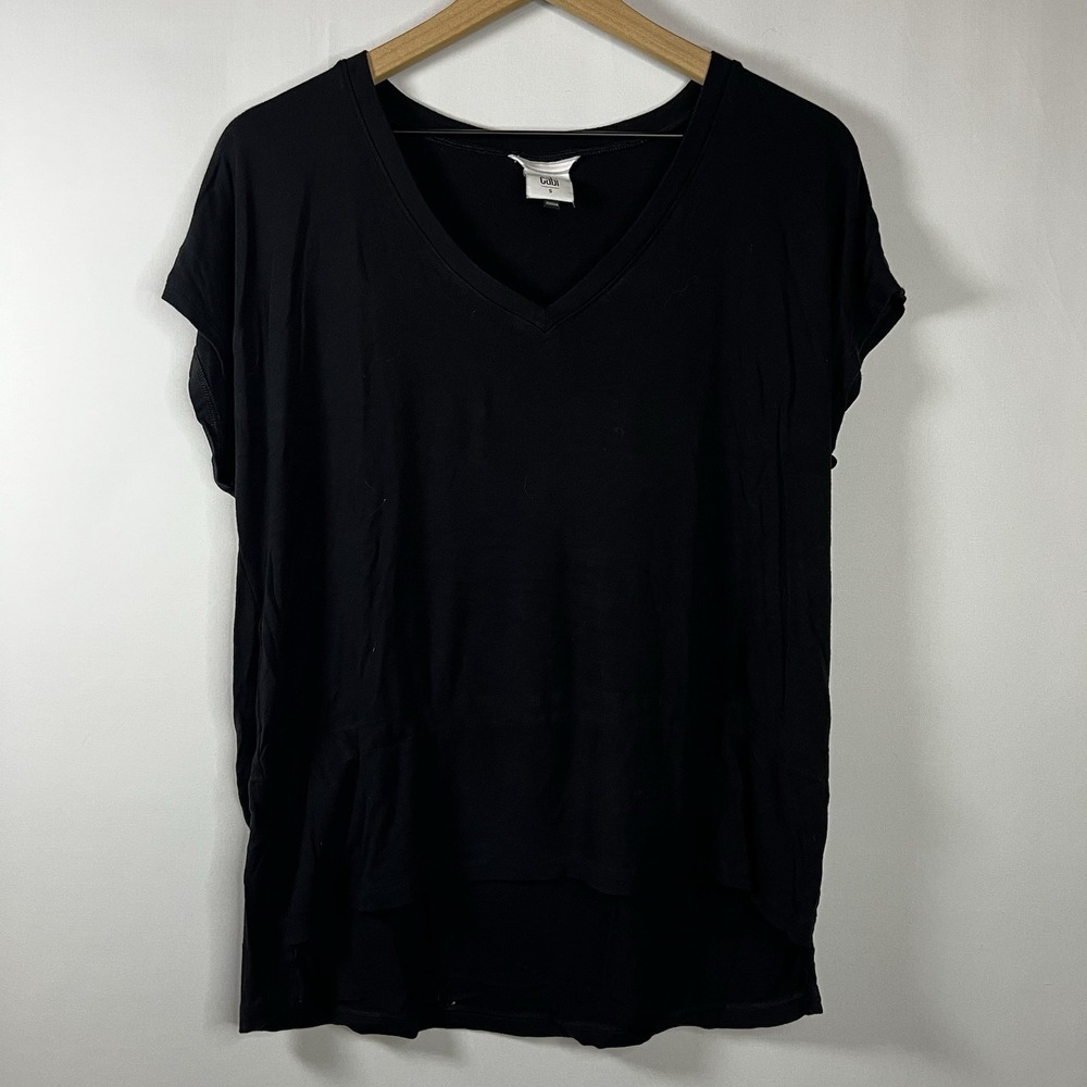 CAbi Shirt Women Size Small‎ Black Basic V-Neck Short Sleeve High Low Blouse